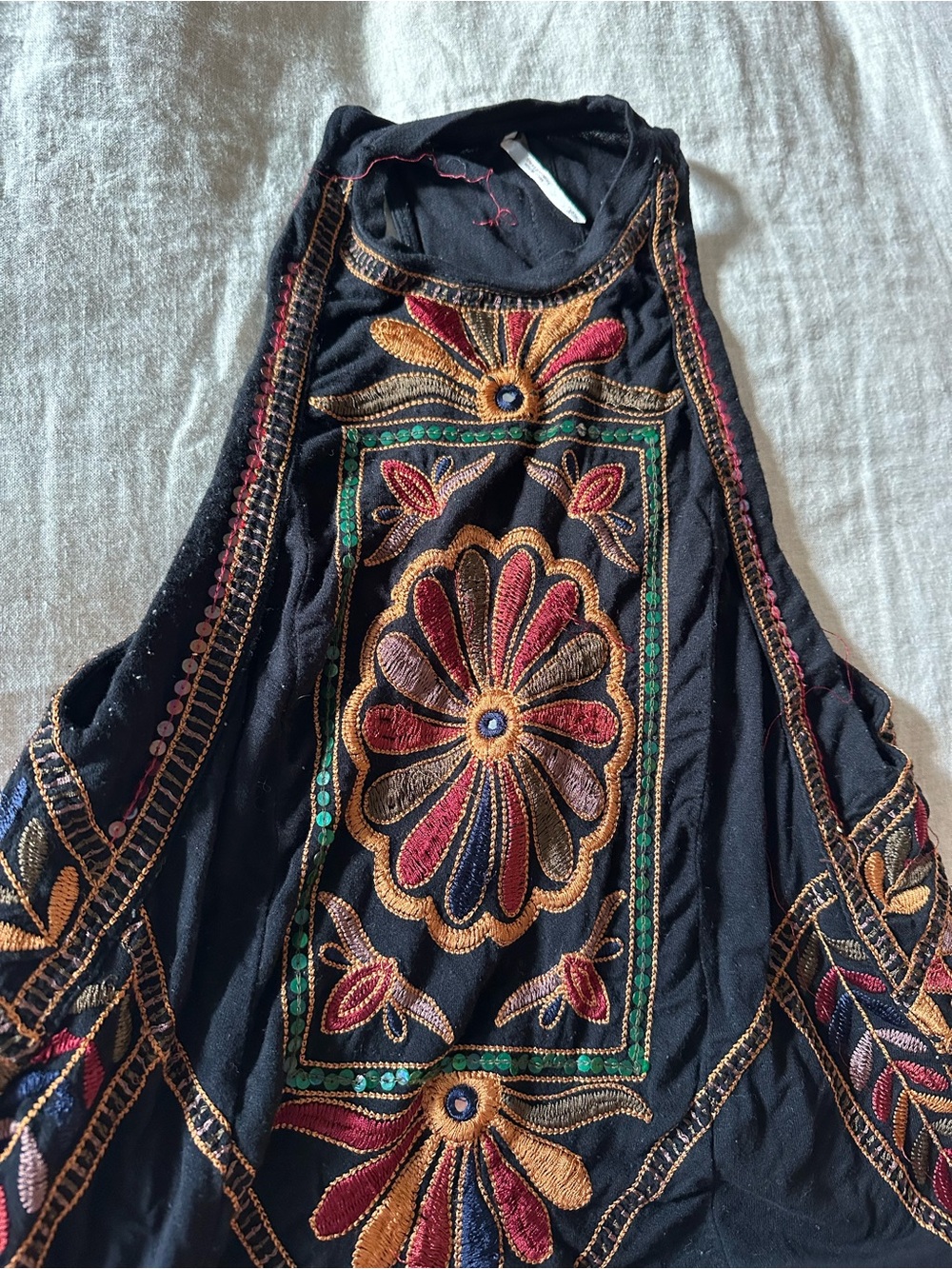 Free People Black Embroidered Halter Tank with Multicolor Floral Design, XS - Picture 2 of 6